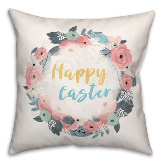 Happy Easter Floral Wreath Throw Pillow